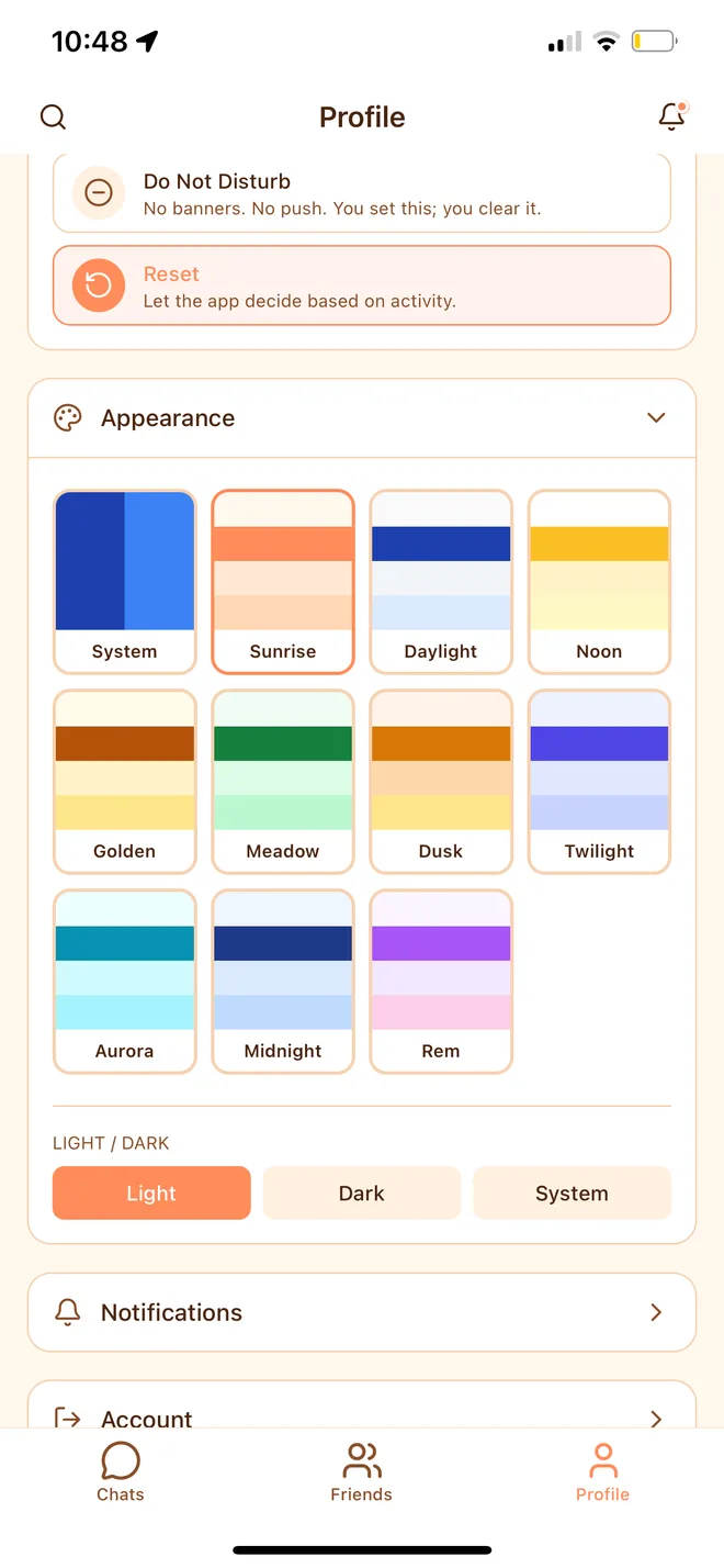 The uwake appearance settings with selectable color themes